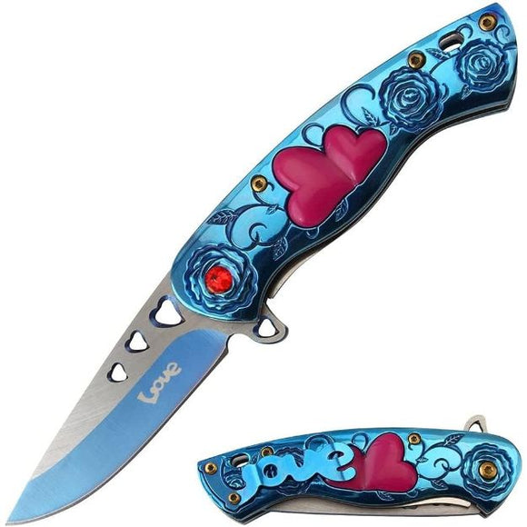 Snake Eye Spring Assist Cupid Heart Knife 3CR13 Steel/Blue Handle SKU SE-5216BL