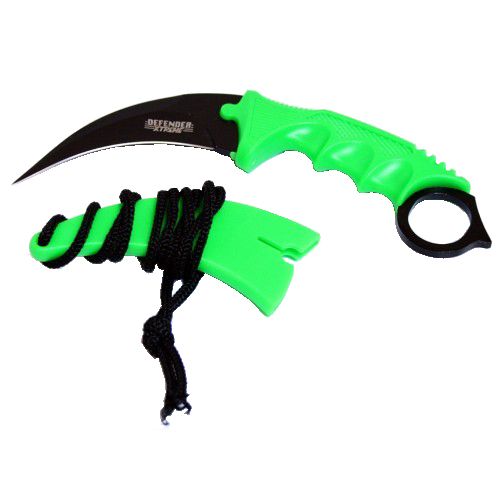 Defender-Xtreme Karambit  Knife Black Blade Zombie Green Handle & Sheath SKU 6753