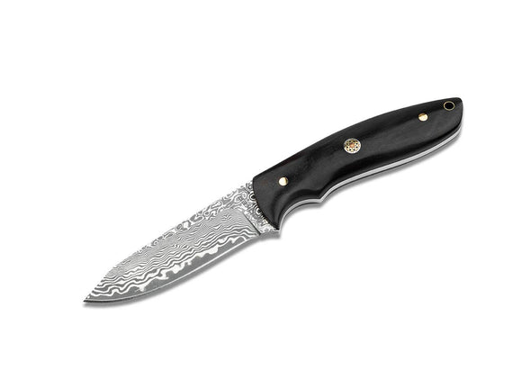 Boker Magnum Vernery Damascus Fixed Blade Knife Ebony with Leather Sheath SKU 02SC018DAM