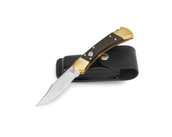 Buck 110 Automatic Folding Knife w/Leather Sheath 420HC Stainless-Steel/Ebony Wood Handle with Brass Bolsters SKU 0110BRSA-B