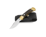 Buck 110 Automatic Folding Knife w/Leather Sheath 420HC Stainless-Steel/Ebony Wood Handle with Brass Bolsters SKU 0110BRSA-B