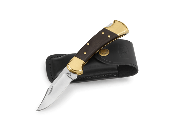 Buck 112 Folding Ranger Lock Back Knife w/Leather Sheath 420HC Stainless-Steel Blade/Ebony Handle with Brass Bolsters SKU 0112BRS-B