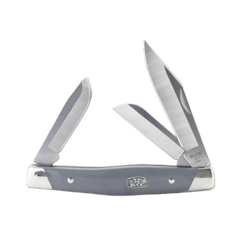 Buck Stockman 3 Blade Slip Joint Knife 420HC Stainless-Steel Blades/Gray Synthetic Handle with Silver Bolsters SKU 0301GYS-B
