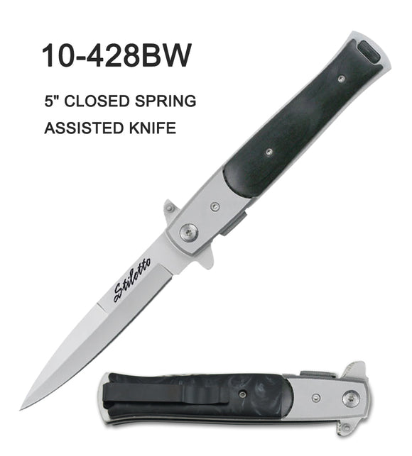 Spring Assist Stiletto Style Knife Stainless-Steel Blade/Stainless-Steel with Dark Wood Overlay Handle SKU 10-428BW