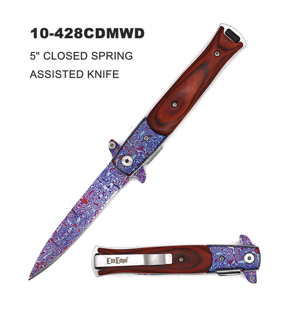 ElitEdge Spring Assist Stiletto Style Knife Stainless-Steel Acid Etched Ti Damascus Blade/Faux Wood Inlay Handle SKU 10-428CDMWD