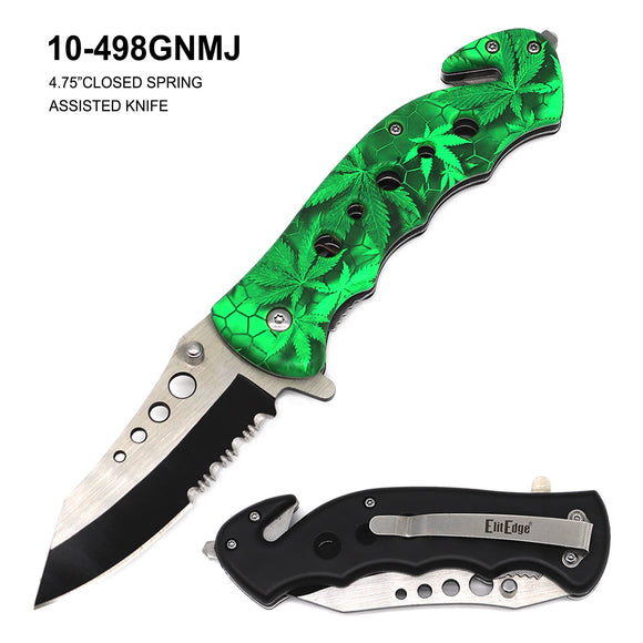 ElitEdge Spring Assist Rescue Knife Two Tone Stainless-Steel Blade/3D Print Marijuana ABS Handle SKU 10-498GNMJ