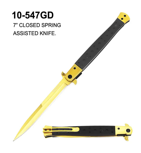 Big Boy Stiletto Spring Assist Folding Knife Gold Stainless-Steel Blade/Gold Stainless-Steel with Black G10 Overlay Handle SKU 10-547GD