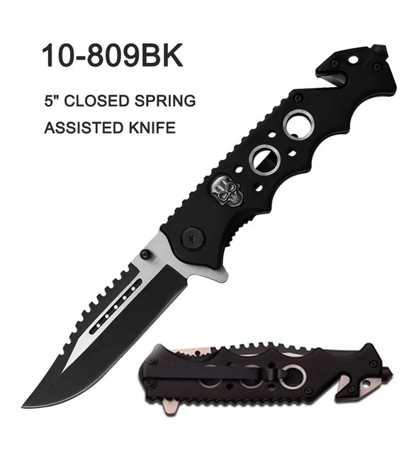 Spring Assist Rescue Folding Knife Plain Edge/Black Skull Handle SKU 10-809BK