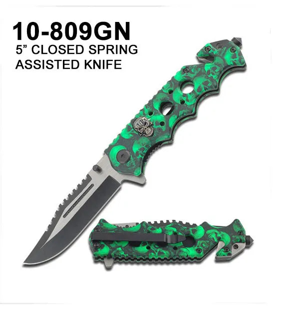 Spring Assist Rescue Folding Knife Plain Edge/Green Skull Handle SKU 10-809GN