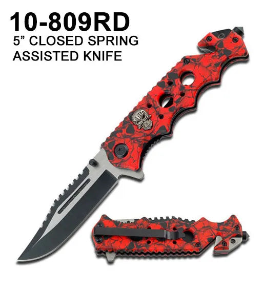 Spring Assist Rescue Folding Knife Plain Edge/Red Skull Handle SKU 10-809RD
