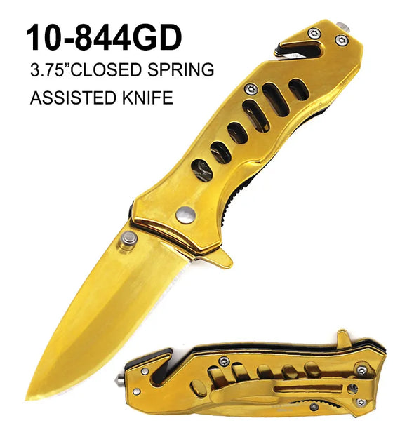 Spring Assist Rescue Folding Knife Gold Ti Coated/Gold Ti Coated Handle SKU 10-844GD