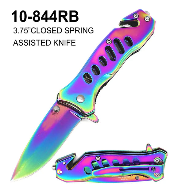Spring Assist Rescue Knife Rainbow Ti Coated/Rainbow Ti Coated Handle SKU 10-844RB