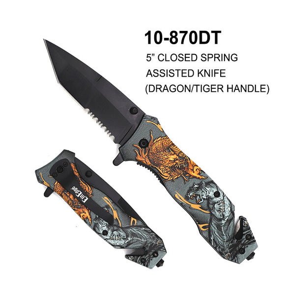 EliteEdge Spring Assist Knife Black Half Serr. Tanto Blade/Gray & Orange Dragon/Tiger Handle SKU 10-870DT