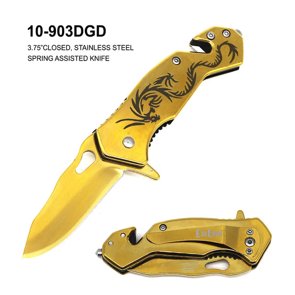 ElitEdge Spring Assist Rescue Knife Gold SS/Gold Ti Coated Handle SKU 10-903DGD