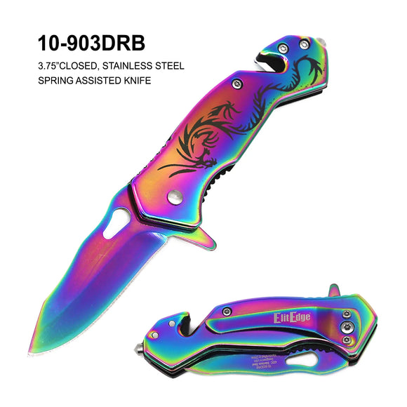 ElitEdge Spring Assist Rescue Knife Rainbow SS/Rainbow TI Coated Handle SKU 10-903DRB