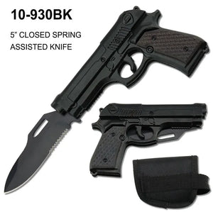 Spring Assist Gun Knife w/Sheath Black Alum. w/Black Wood SKU 10-930BK