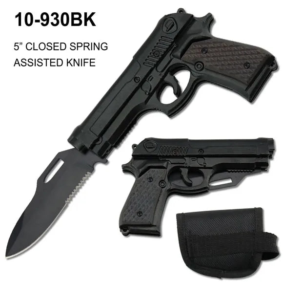 Spring Assist Gun Knife w/Sheath Black Alum. w/Black Wood SKU 10-930BK