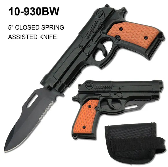 Spring Assist Gun Knife w/Sheath Black Alum. w/Wood SKU 10-930BW