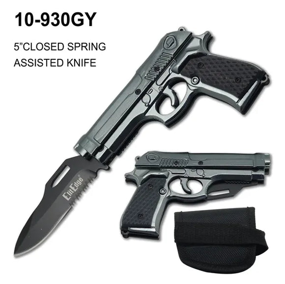 Spring Assist Gun Knife w/Sheath Gray Alum. w/Wood SKU 10-930GY