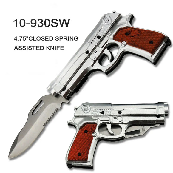 Spring Assist Gun Knife w/Sheath Silver Alum./Wood SKU 10-930SW