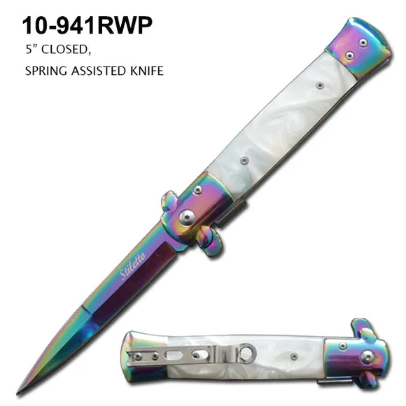 Stiletto Spring Assist Folding Knife Rainbow finish Stainless-Steel Blade/Rainbow Stainless-Steel Handle with White Marble Resin Inserts SKU 10-941RWP