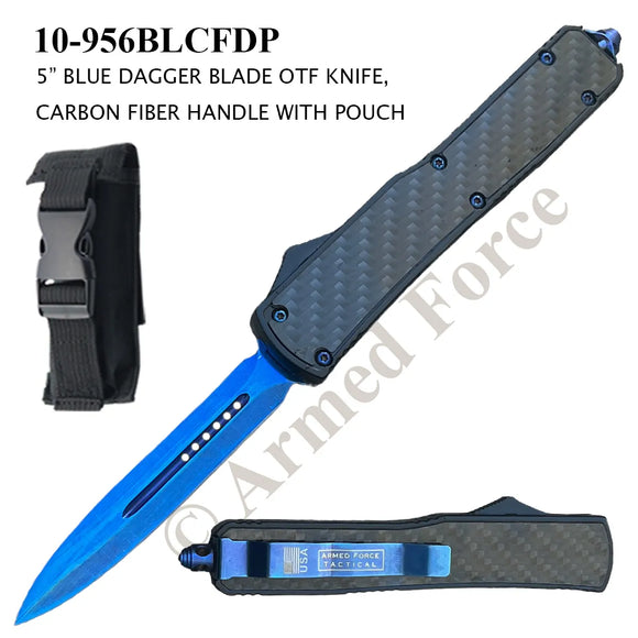 Armed Force Tactical OTF Knife w/Sheath Blue Titanium Coated Steel Blade/Carbon Fiber Handle SKU 10-956BLCFDP
