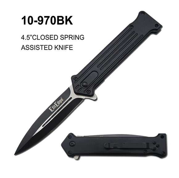 ElitEdge Spring Assist Knife Black & Silver SS Blade/Black Alum. Handle SKU 10-970BK