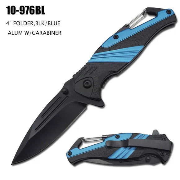 Spring Assist Knife Black SS Blade/Black & Blue Handle w/Carabiner SKU 10-976BL
