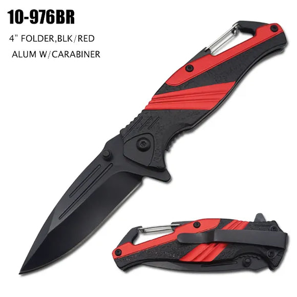 Spring Assist Knife Black SS Blade/Black & Red Handle w/Carabiner SKU 10-976BR