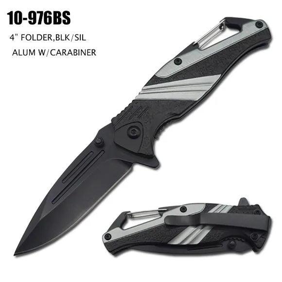 Spring Assist Knife Black SS Blade/Black & Silver Handle w/Carabiner SKU 10-976BS