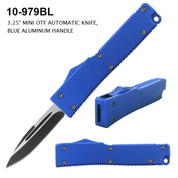 Mini OTF Automatic Knife Black SS Blade/Blue Alum. Handle SKU 10-979BL