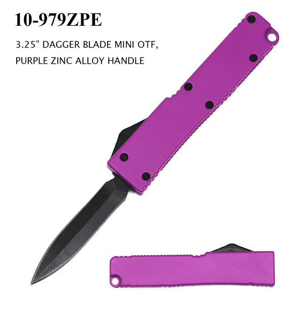 Mini OTF Automatic Knife Black SS Dagger Blade/Purple Zinc Alloy Handle SKU 10-979ZPE