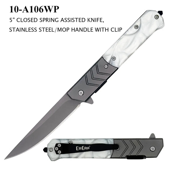 EliteEdge Spring Assist Knife Gray Stainless-Steel Blade/Stainless-Steel Handle with Faux White Pearl Overlays SKU 10-A106WP