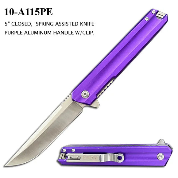 EliteEdge Spring Assist Knife 3CR13 Stainless-Steel Blade/Purple Aluminum Handle SKU 10-A115PE