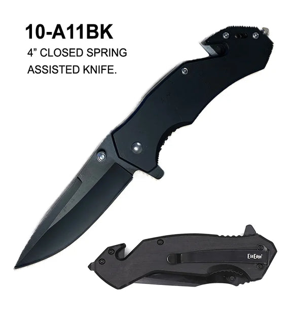 ElitEdge Spring Assist Rescue Knife Black SS Blade/Black SS Handle SKU 10-A11BK