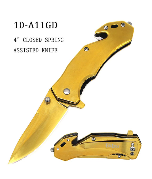 ElitEdge Spring Assist Rescue Knife Gold SS Blade/Gold Ti Coated Handle SKU 10-A11GD