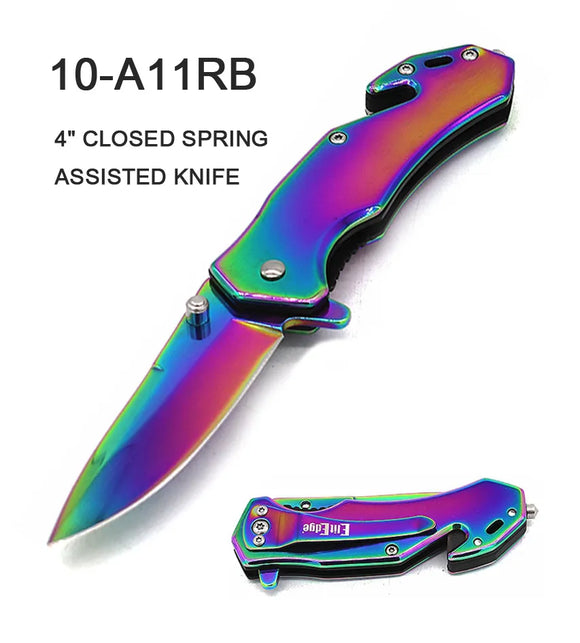 ElitEdge Spring Assist Rescue Knife Rainbow SS Blade/Rainbow Ti Coated SS Handle SKU 10-A11RB