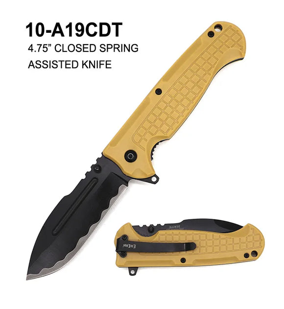 ElitEdge Spring Assist Knife Black SS Blade/Desert Tan ABS Handle SKU 10-A19CDT