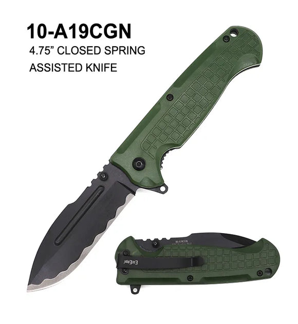 ElitEdge Spring Assist Knife Black SS Blade/Green ABS Handle SKU 10-A19CGN