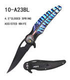 ElitEdge Spring Assist Knife Black Stainless-Steel Blade/Blue 3D Feather ABS Handle SKU 10-A23BL
