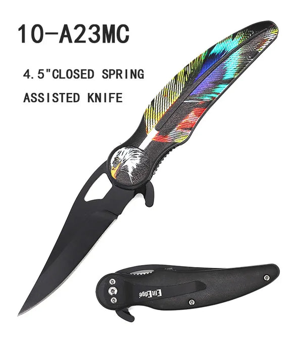 ElitEdge Spring Assist Knife Black Stainless-Steel Blade/Multi Color 3D Feather ABS Handle SKU 10-A23MC