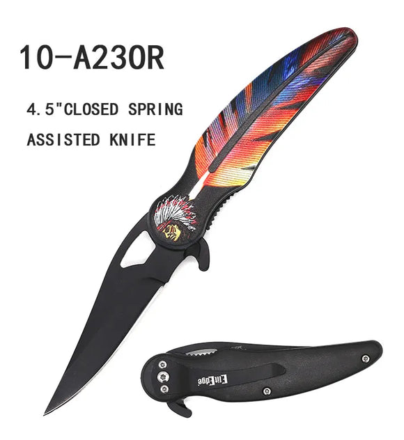 ElitEdge Spring Assist Knife Black Stainless-Steel Blade/Orange 3D Feather ABS Handle SKU 10-A23OR