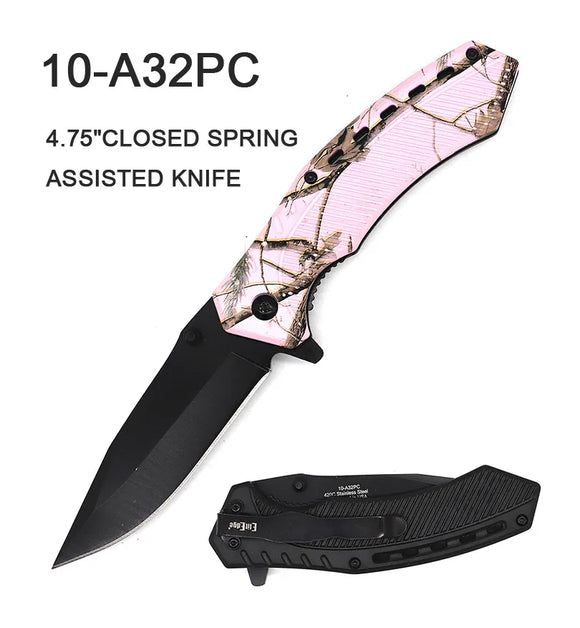 EliteEdge Spring Assist Knife Black Stainless-Steel Blade/Pink Outdoor Camo Nylon Handle SKU 10-A32PC