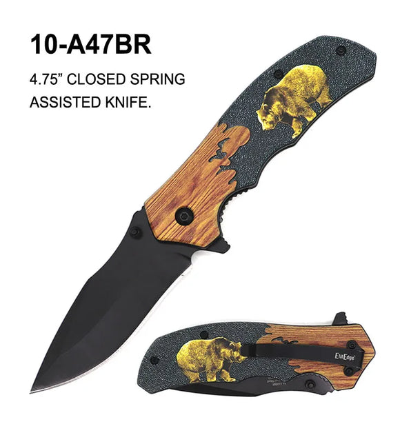 ElitEdge Spring Assist Knife Black SS Blade/3D Bear Design Handle SKU 10-A47BR