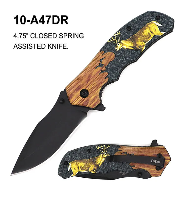 ElitEdge Spring Assist Knife Black SS Blade/3D Deer Design Handle SKU 10-A47DR