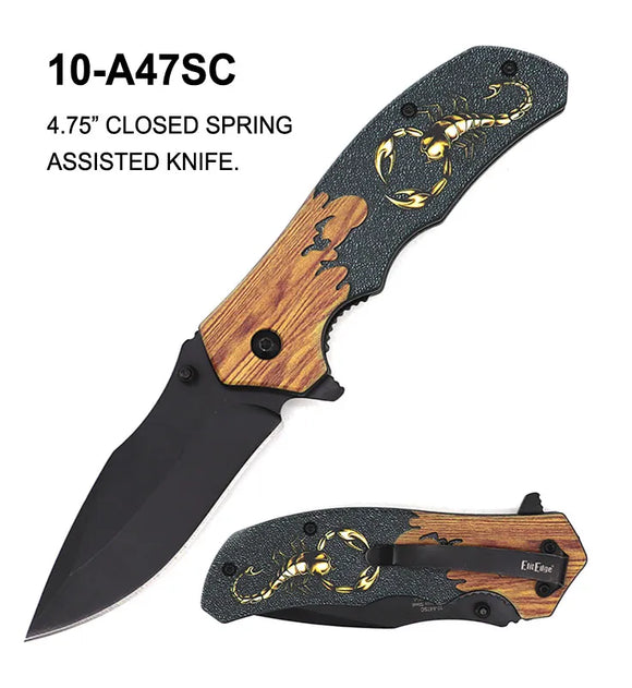 ElitEdge Spring Assist Knife Black SS Blade/3D Scorpion Design Handle SKU 10-A47SC