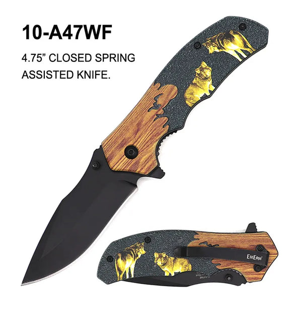ElitEdge Spring Assist Knife Black SS Blade/3D Wolf Design Handle SKU 10-A47WF