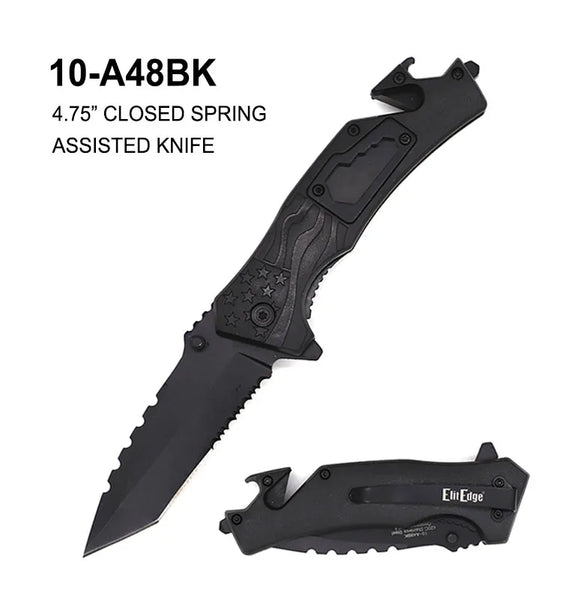 EliteEdge Spring Assist Multi-Function Knife Black Half Serr. Stainless-Steel Blade/Black US Flag ABS Handle with Wrench SKU 10-A48BK