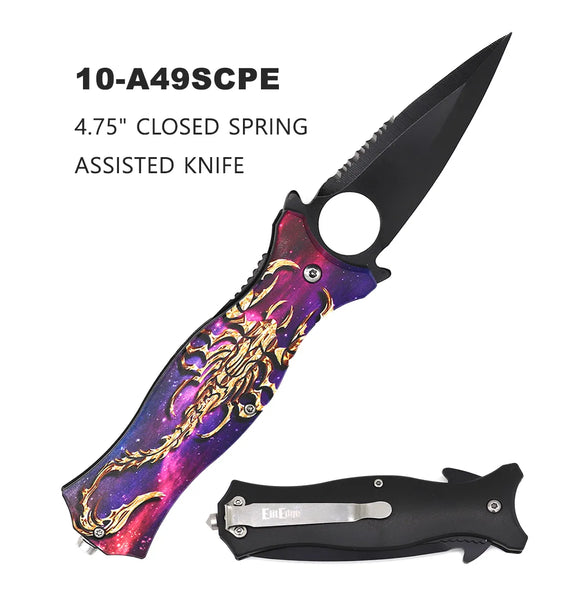 ElitEdge Spring Assist Knife Black SS Blade Serr. /3D Print Scorpion ABS Handle SKU 10-A49SCPE