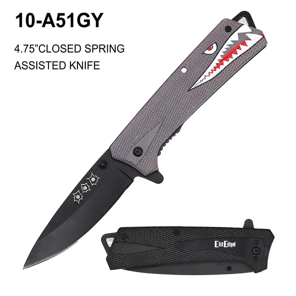 ElitEdge Spring Assisted Folding Knife 3D Shark Design Gray SKU 10-A51GY
